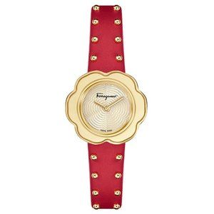 Ferragamo GOLD-30mm Flower Watch with Leather-Strap and Gold studs